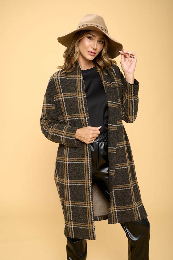 Charcoal Plaid Coat With Buttons And Pockets