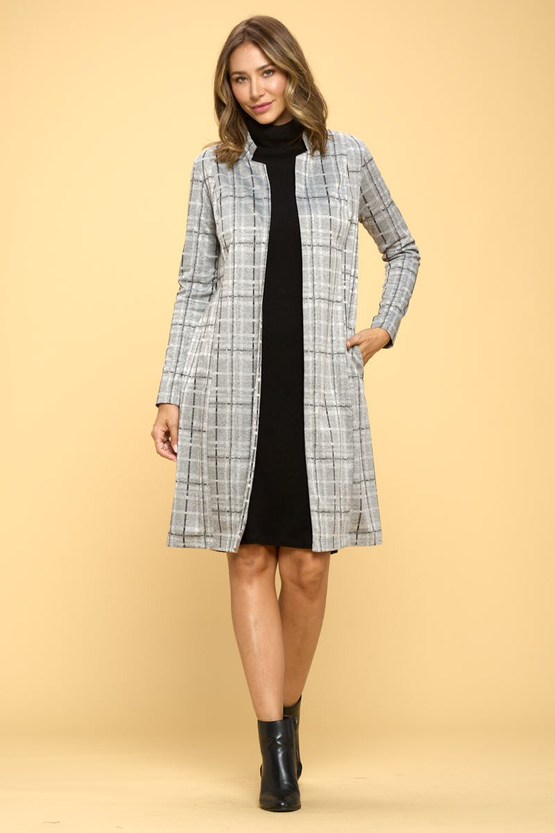Grey Plaid Open Coat