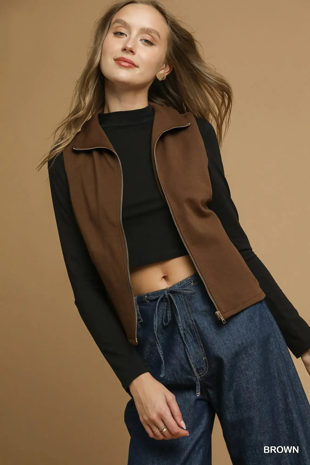 Brown Umgee Zip Front Fitted Vest With Pockets 1
