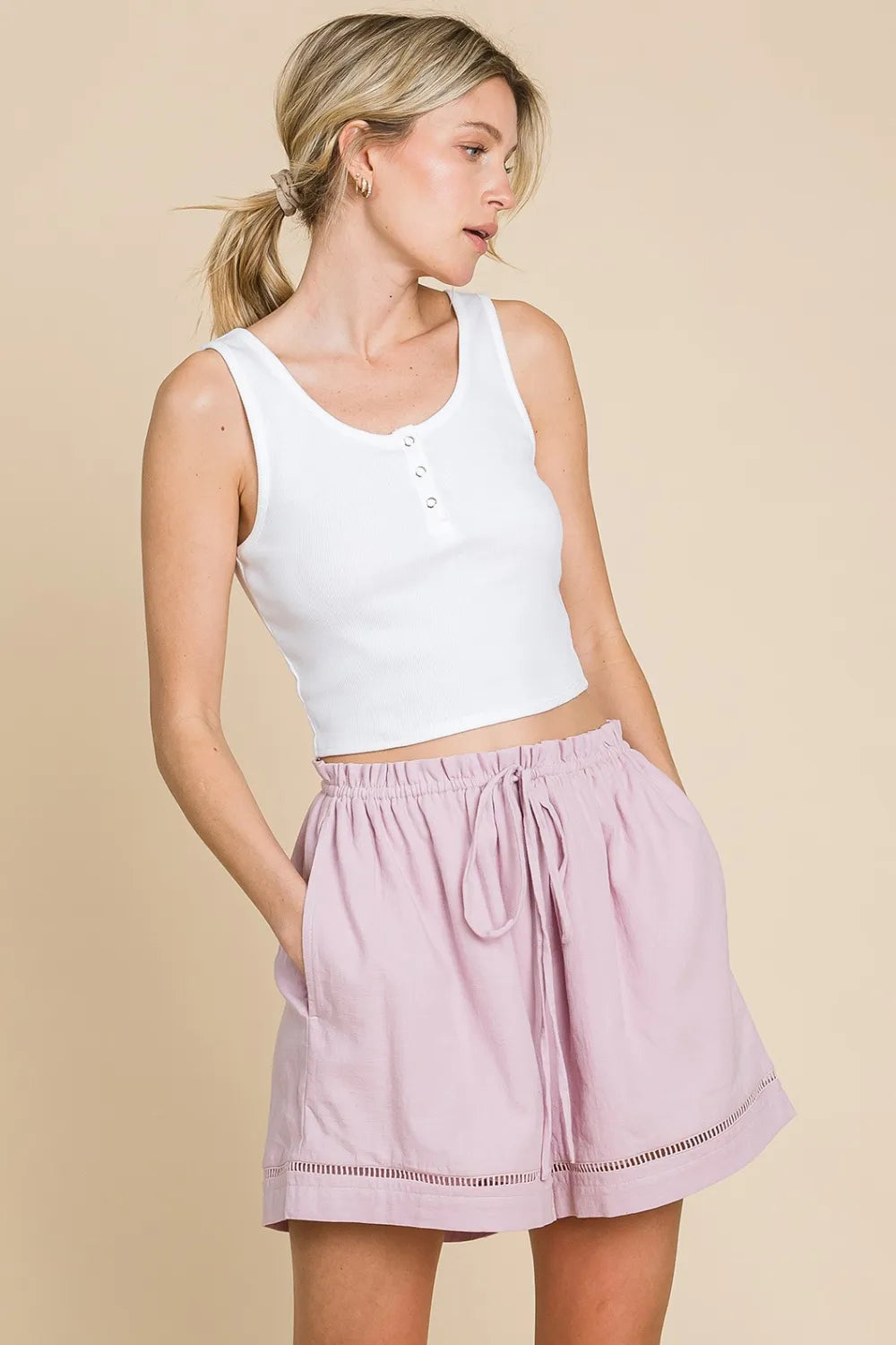 Mauve Cotton Bleu By Nu Lab High Waist Drawstring Shorts