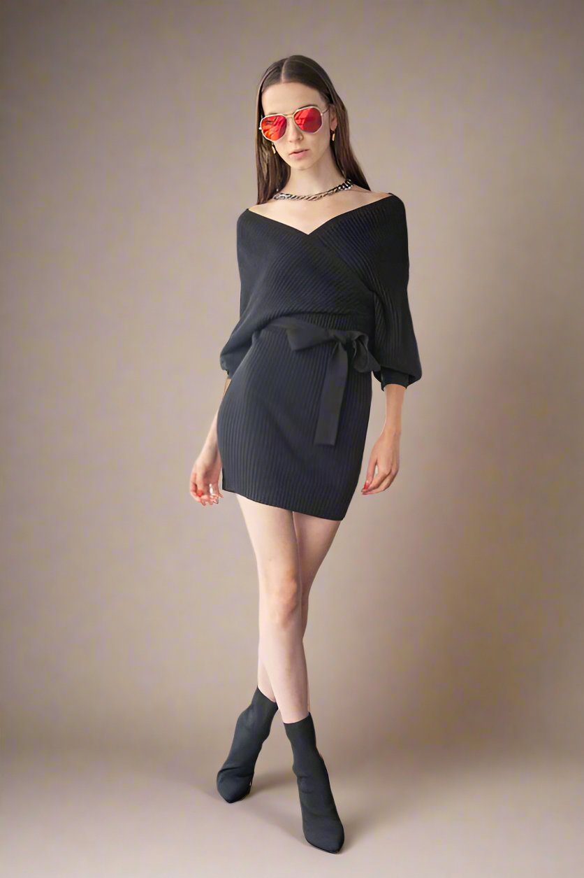 BLACK Black Wrap Knit Dress | Anekay
