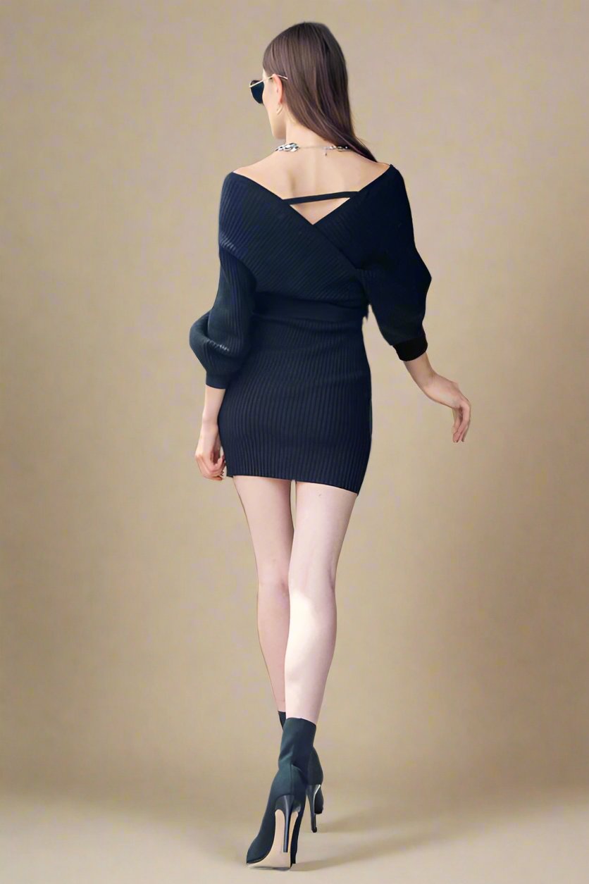 BLACK Black Wrap Knit Dress | Anekay