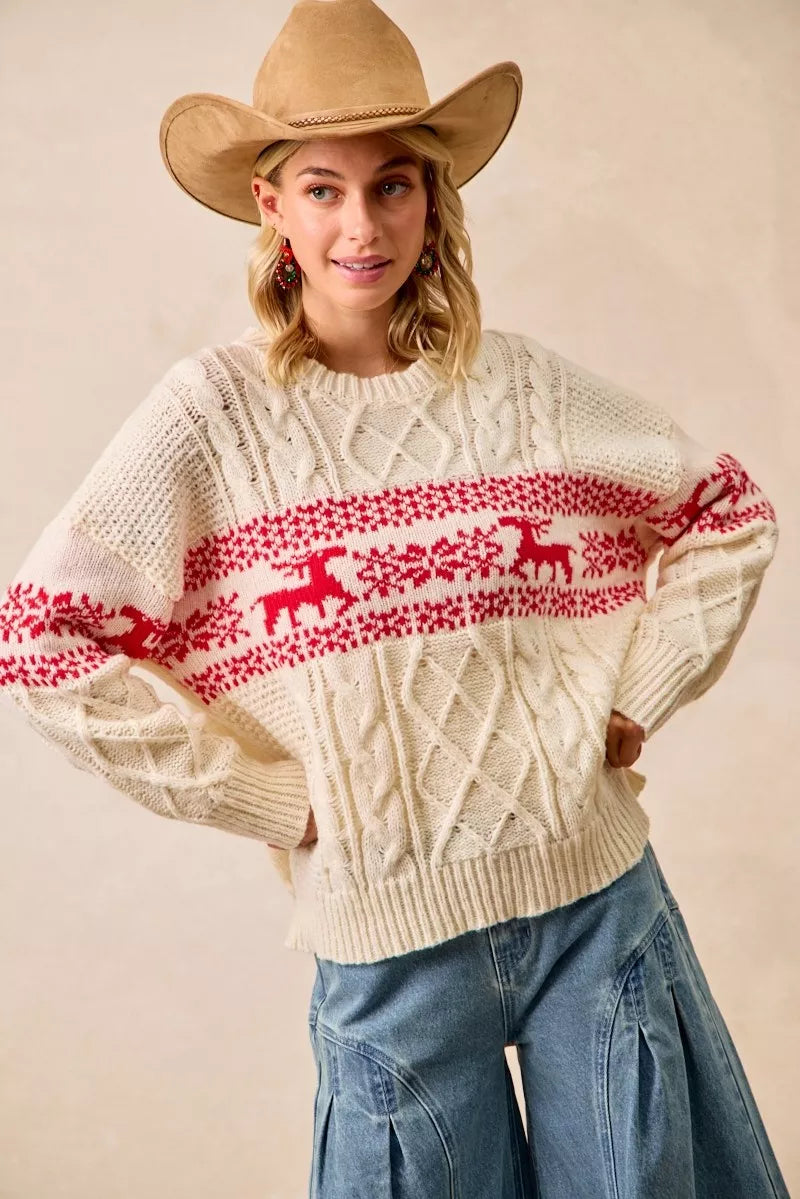 Red Bibi Christmas Theme Patterned Cable Knit Sweater