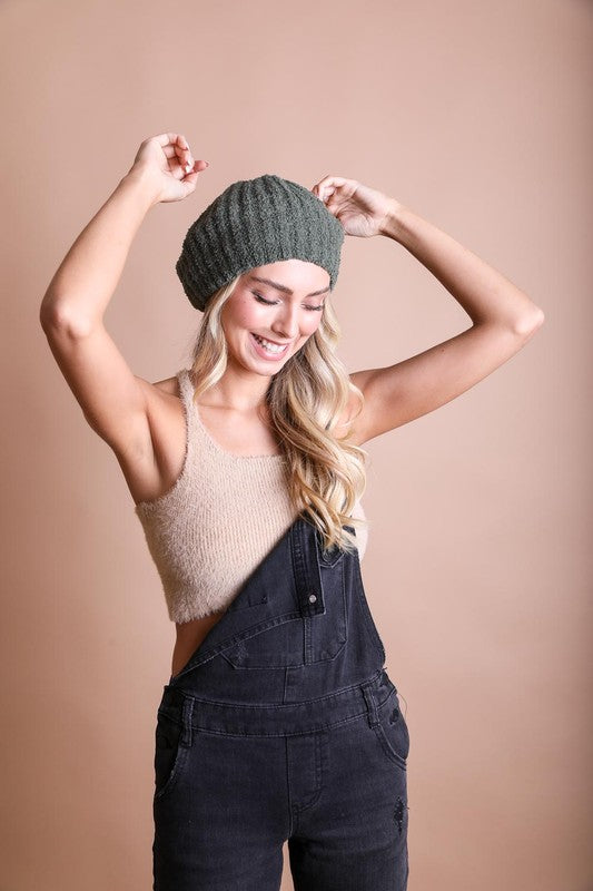Olive Boucle Rib Knit Beret