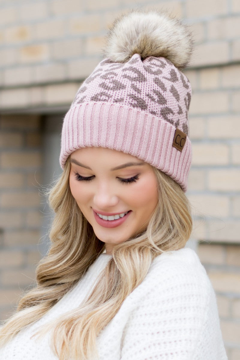 Beige Leopard Fur Pom Beanie | Anekay