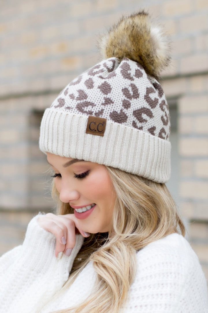 Taupe Leopard Fur Pom Beanie | Anekay