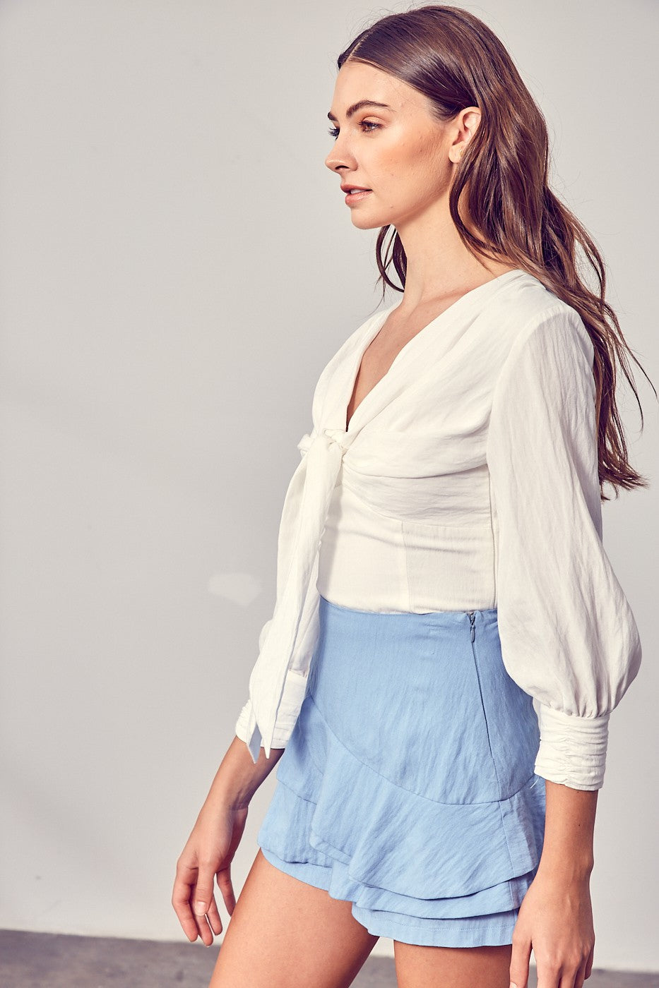 White Front Tie Long Sleeve Top