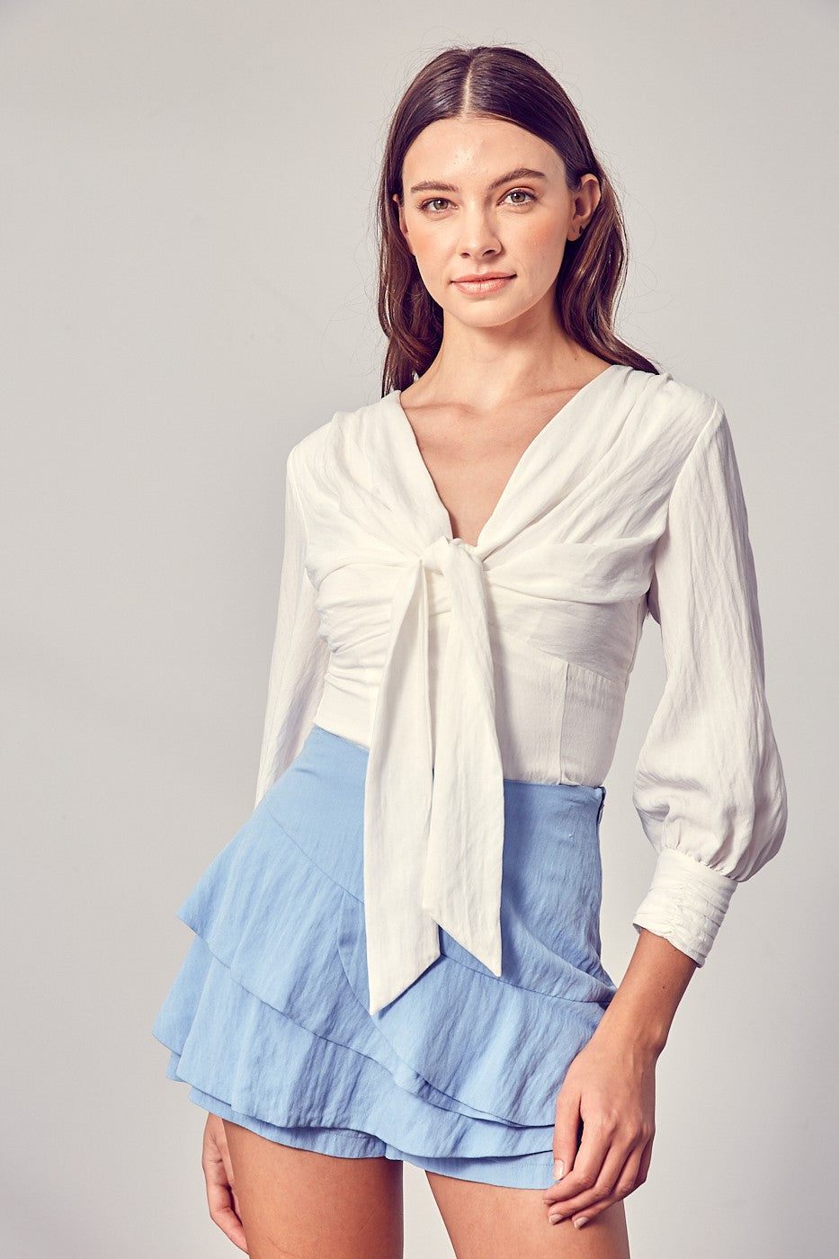 White Front Tie Long Sleeve Top