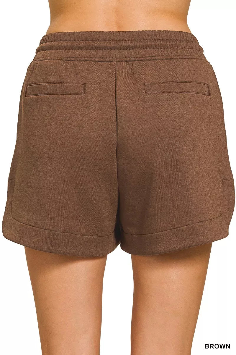 Brown Zenana Scuba Elastic Waistband Shorts With Pocket 1