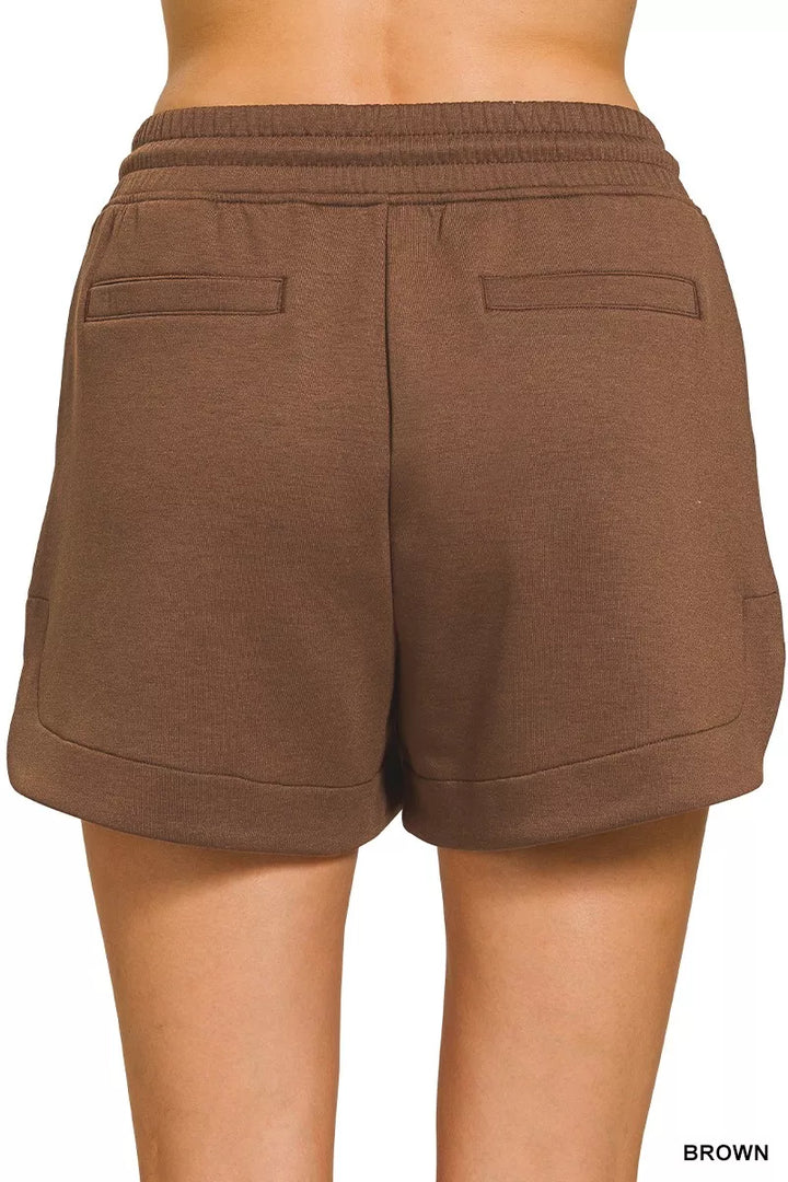 Brown Zenana Scuba Elastic Waistband Shorts With Pocket 1