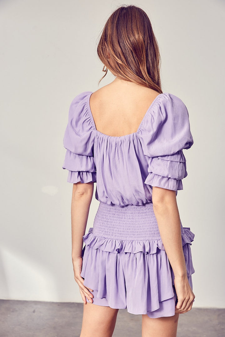 Lavender Puff Sleeve Smocked Waist Romper