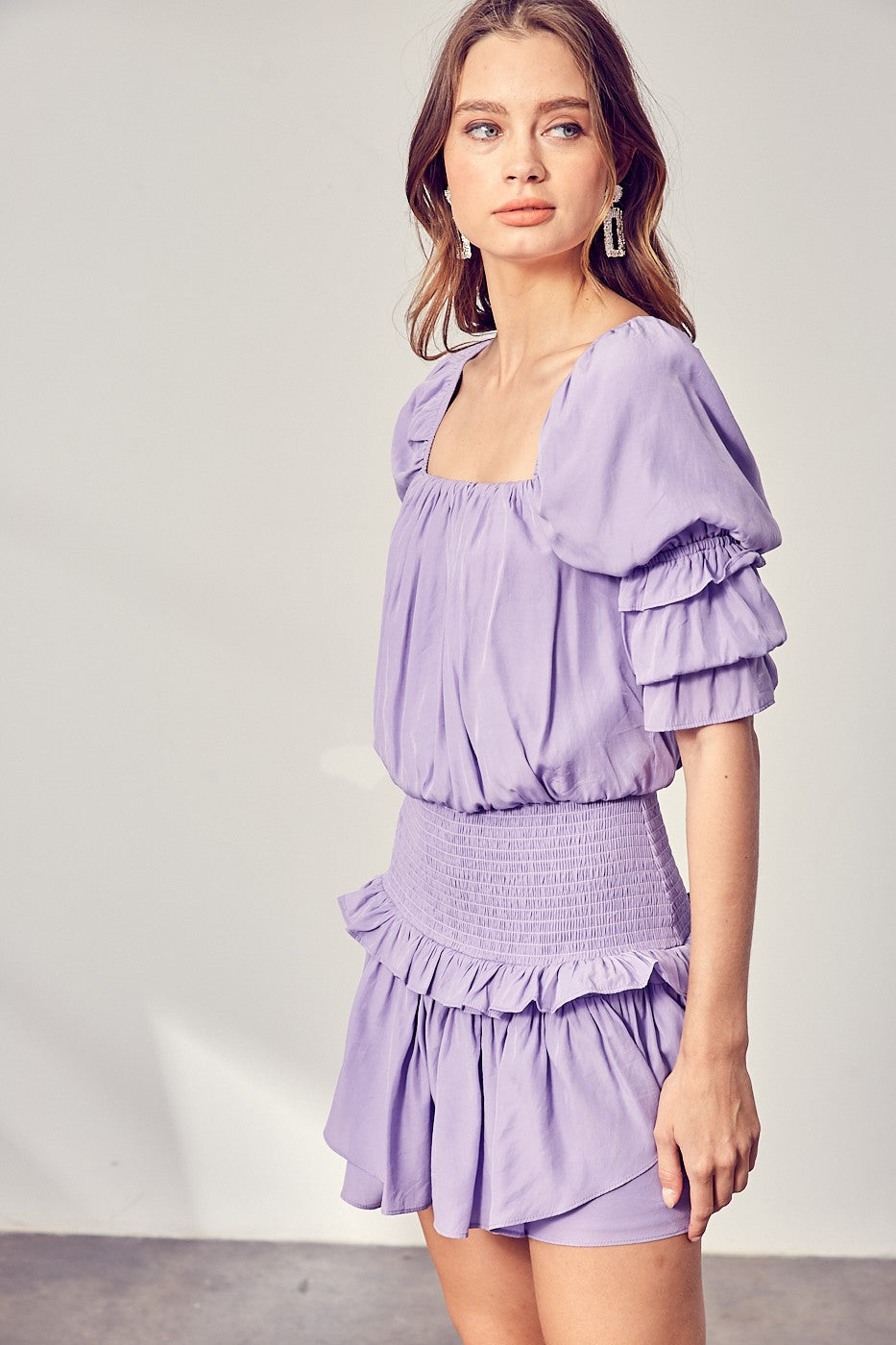 Lavender Puff Sleeve Smocked Waist Romper