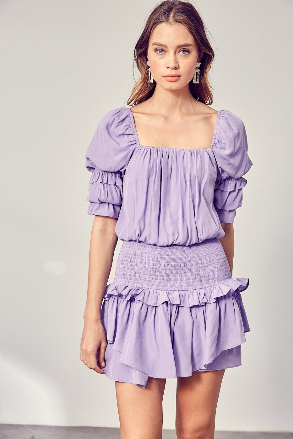 Lavender Puff Sleeve Smocked Waist Romper