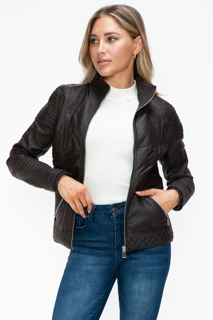 Ymi Faux Layered Double Zipper Jacket With Fuzzy Hood