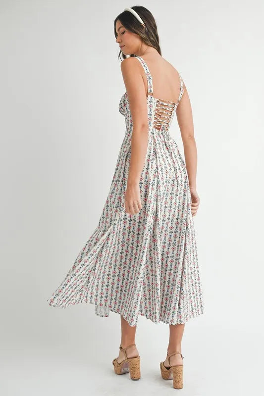 Mable Floral Print Bustier Back Lace Up Midi Dress 1