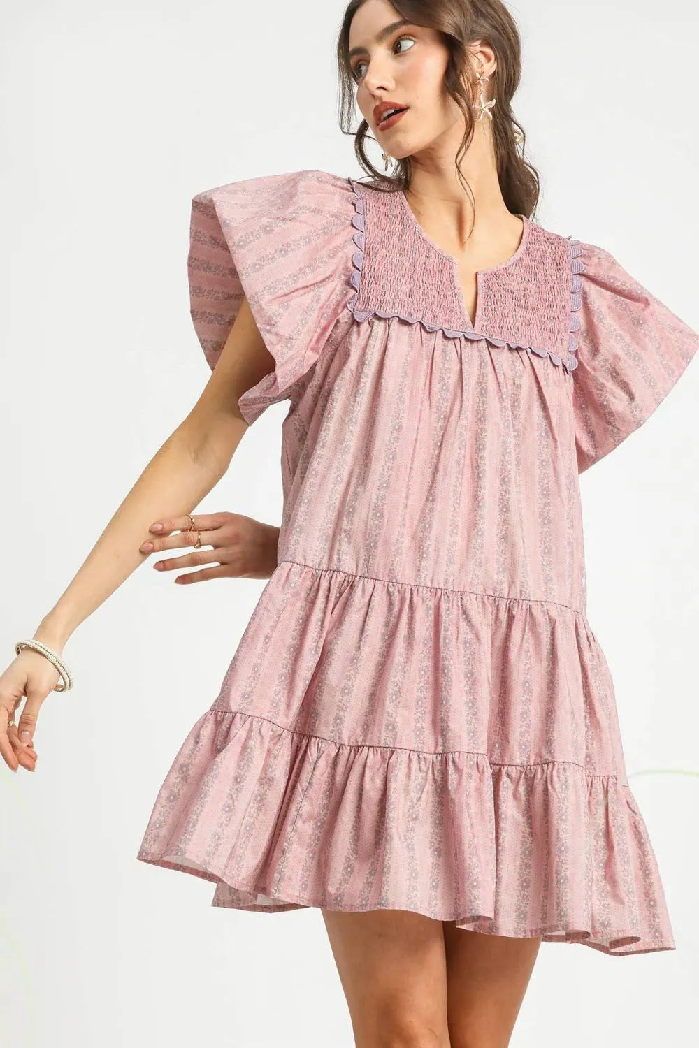 Dusty Pink Umgee Floral Ruffled Cap Sleeve Tiered Mini Dress 1