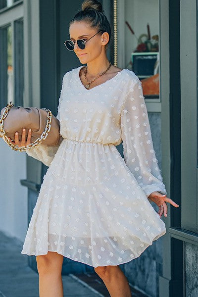 Cream Dotted Long Sleeve Dress