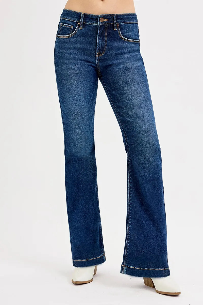 Dark Risen Full Size Tummy Control Mid Rise Flare Jeans Plus Size