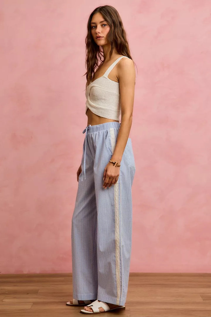 So Me Wide Check Pants With Side Lace Trim And Piping