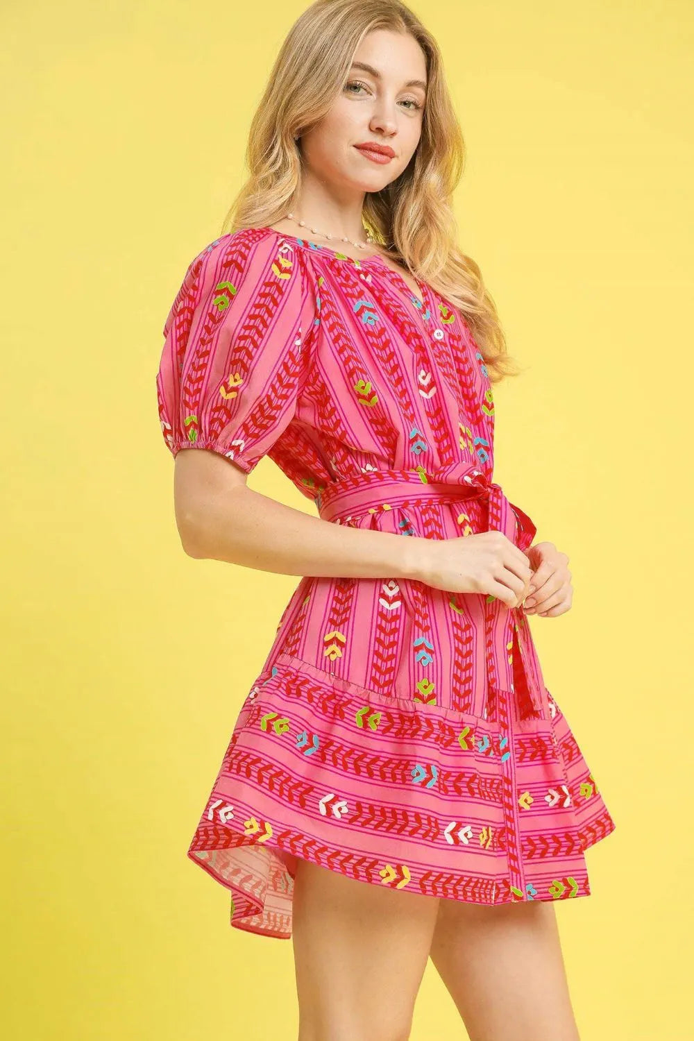 Hot Pink Umgee Printed Tie Waist Puff Short Sleeve Mini Dress