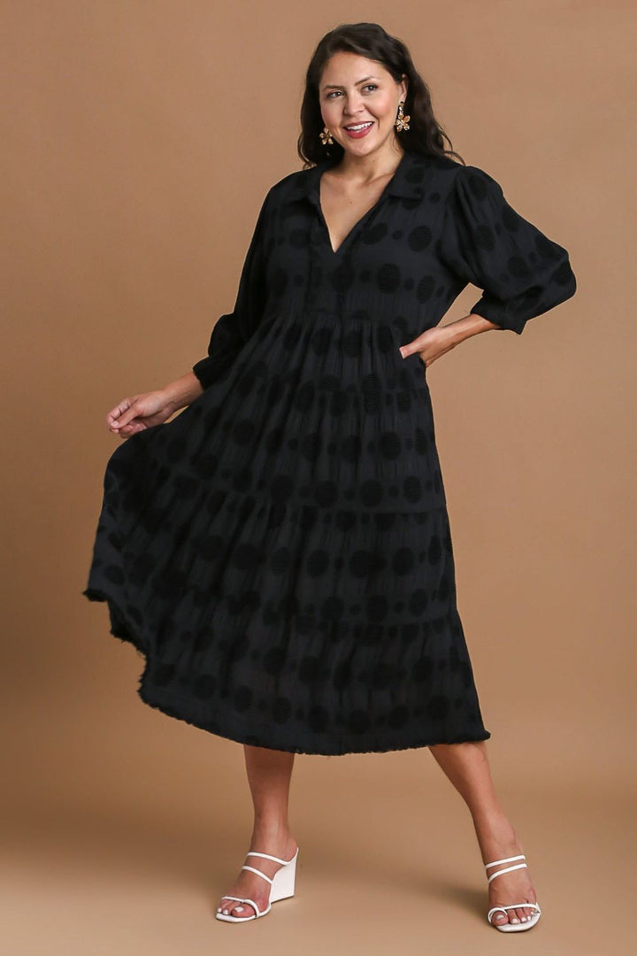 Black Umgee Full Size Solid Dotted Jacquard Midi Dress Plus Size