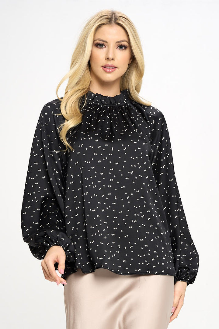 Black Star Print Satin Ruffle Mock Neck Top