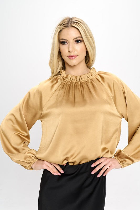 Gold Solid Satin Ruffle Mock Neck Top 4
