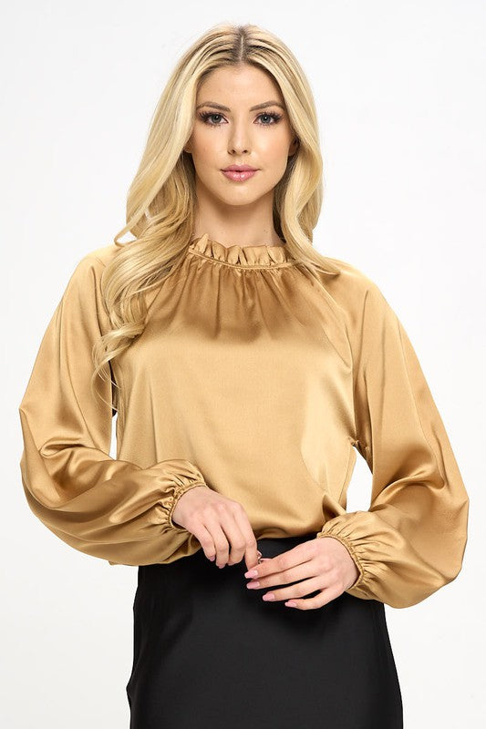 Gold Solid Satin Ruffle Mock Neck Top 4