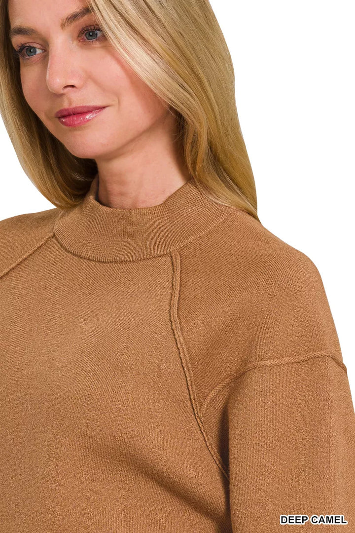 Deep Camel Zenana Viscose Mock Neck Exposed Seam Sweater 6