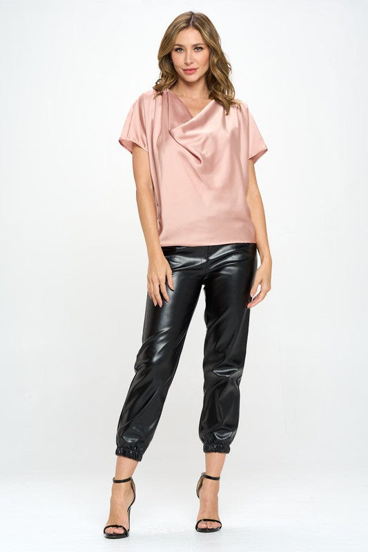 Satin Cowl Neck Short Sleeve Top 1