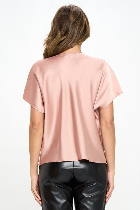 Satin Cowl Neck Short Sleeve Top 1
