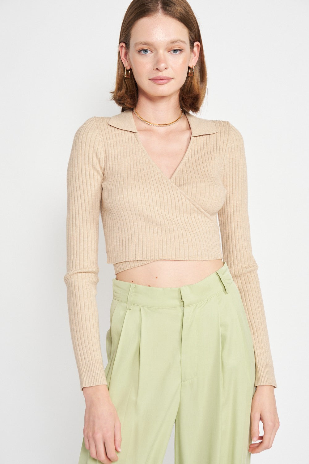 Tan Long Sleeve Wrapped Crop Top