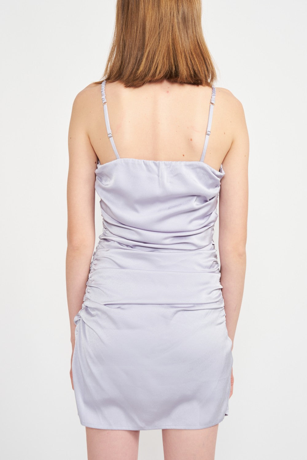Ruched Satin Spaghetti Strap Mini Dress