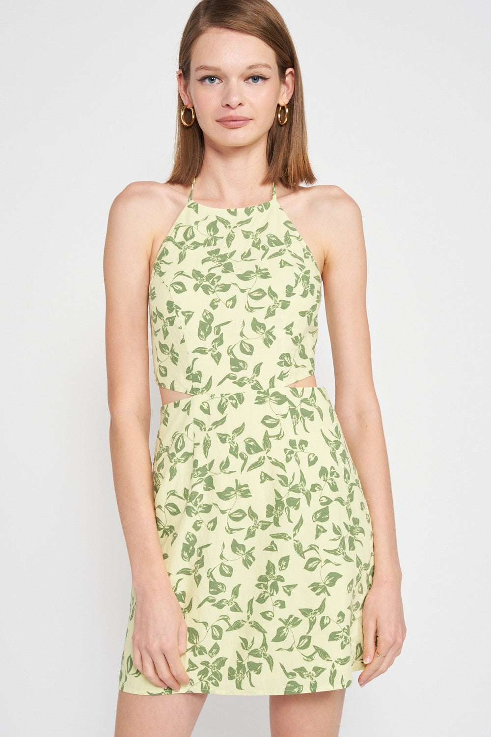 Green Floral Halter Neck Floral Mini Dress With Open Back