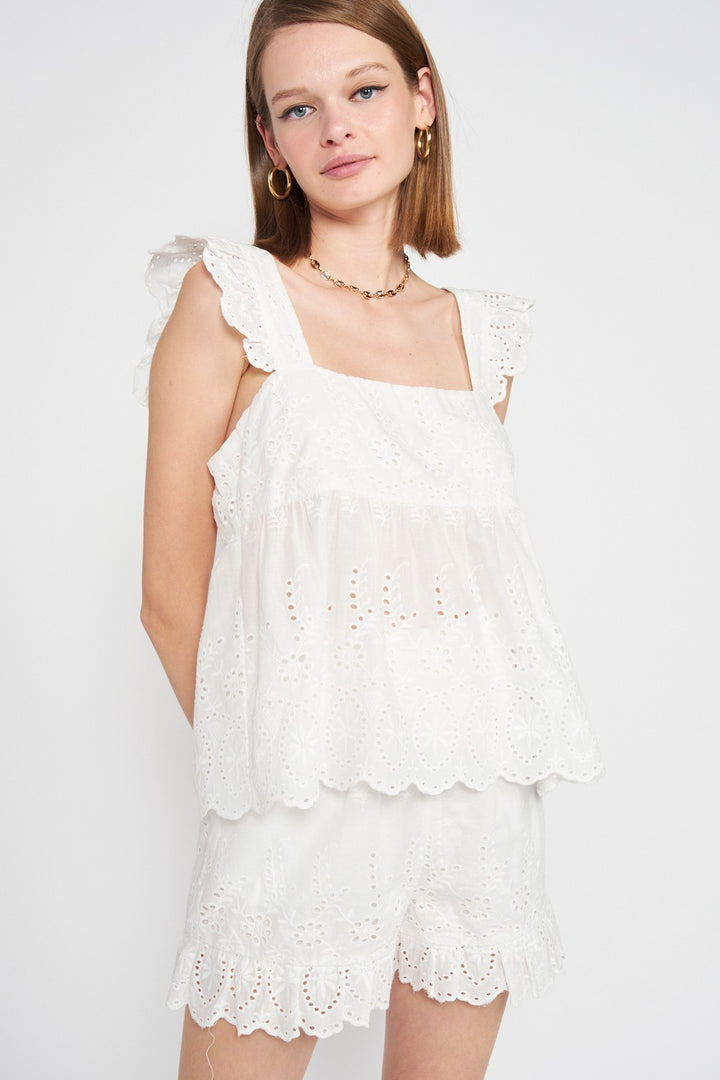 Ruffle Sleeve Hem Eyelet Top