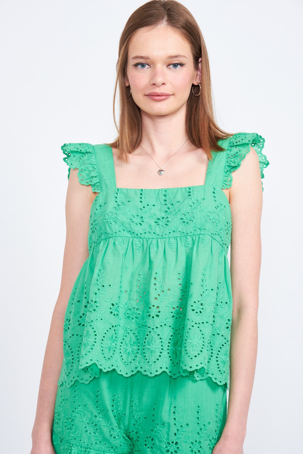 Green Ruffle Sleeve Hem Eyelet Top