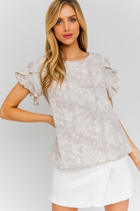 GREY-CREAM DITSY S S Overlap Ruffle Sleeve Ditsy Print Top
