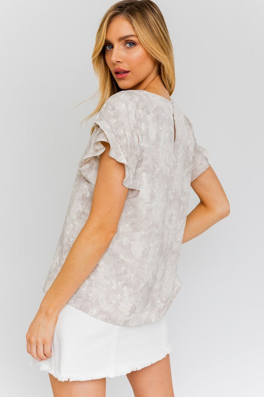 GREY-CREAM DITSY S S Overlap Ruffle Sleeve Ditsy Print Top