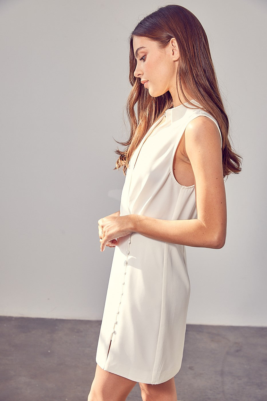 Off White Collared Side Button Dress