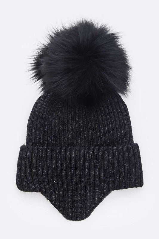 Black Genuine Fur Pom Soft Eared Beanie