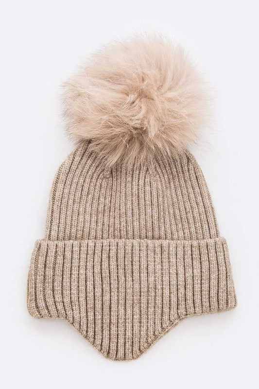 Taupe Genuine Fur Pom Soft Eared Beanie
