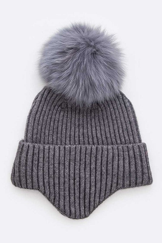 Khaki Genuine Fur Pom Soft Eared Beanie