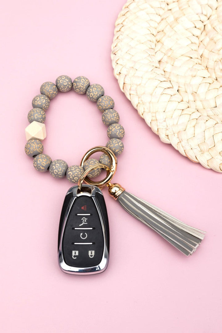 Olive/Cream Leopard Beaded Key Ring | Anekay