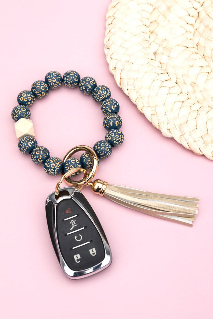 Indigo/Champagne Leopard Beaded Key Ring | Anekay