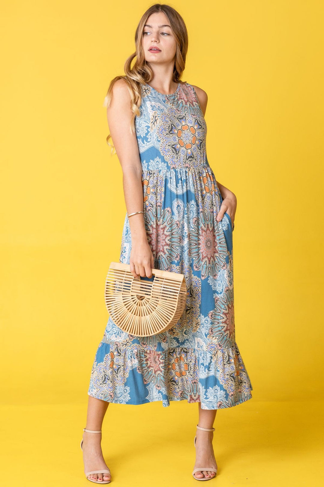 Navy Sleeveless Print Ruffled Hem Tea Length Dress