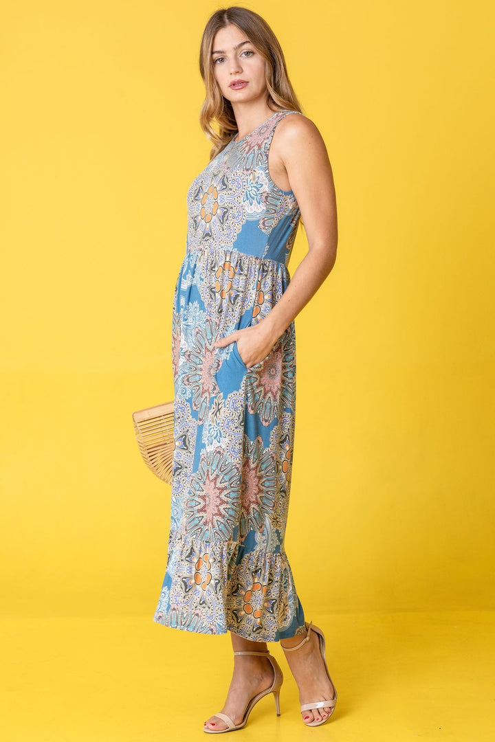 Navy Sleeveless Print Ruffled Hem Tea Length Dress