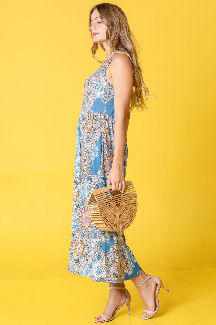 Navy Sleeveless Print Ruffled Hem Tea Length Dress