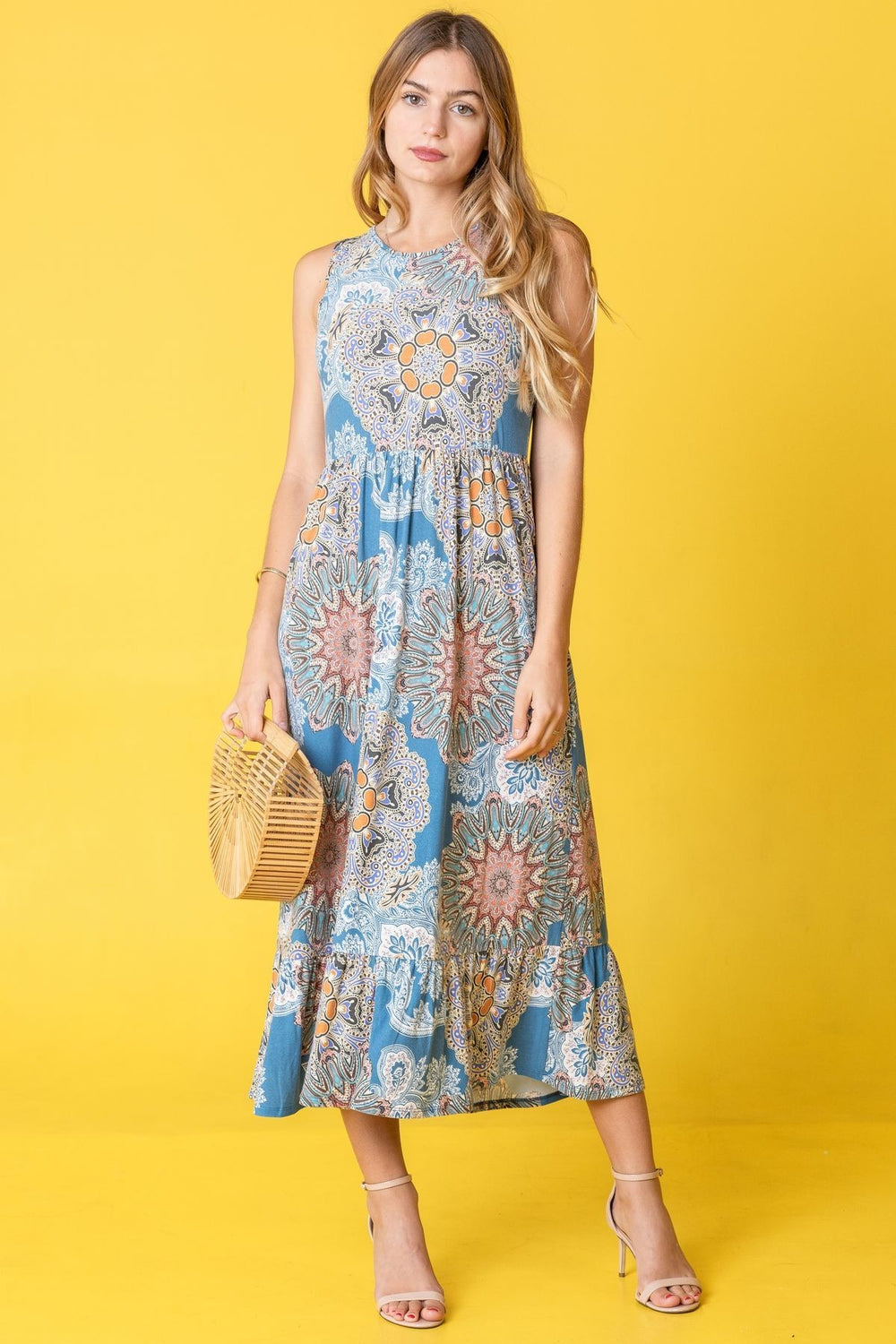 Jade Sleeveless Print Ruffled Hem Tea Length Dress