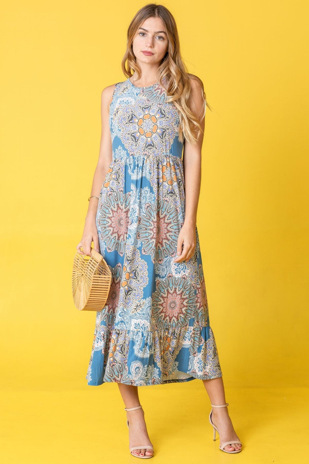 Jade Sleeveless Print Ruffled Hem Tea Length Dress