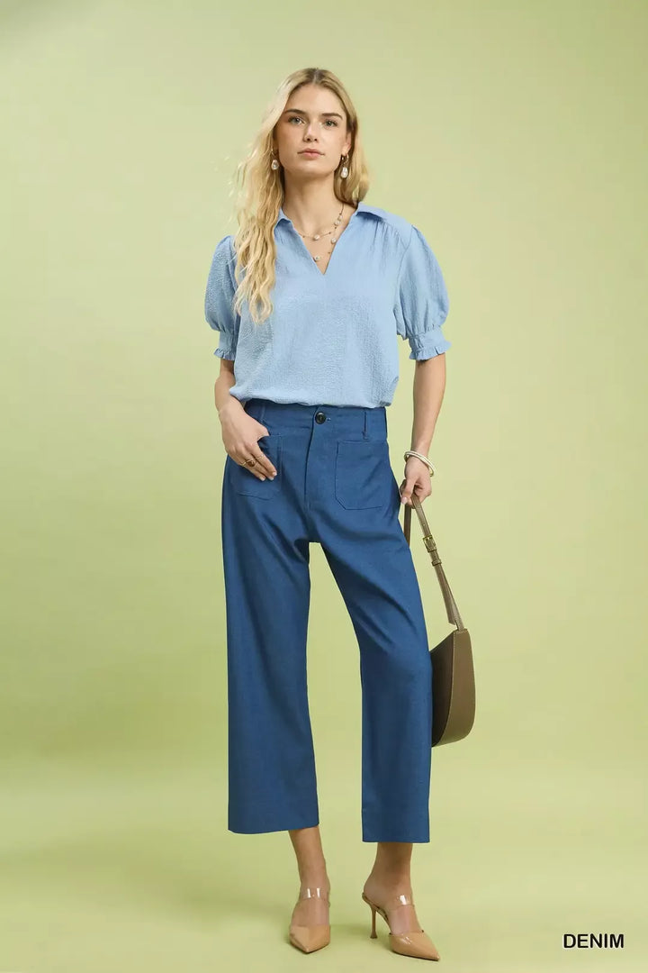 Umgee Denim Wide Leg Crop Pants With Front Pockets